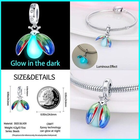 Glow in Dark Firefly Charm S925 Sterling Silver Dangle w/ Moveable Wings - Picture 9 of 9